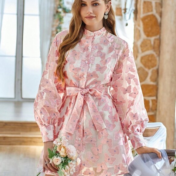 . Dresses & Skirts - Pink Boho Womens Butterfly Jacquard Full Sleeve Dress